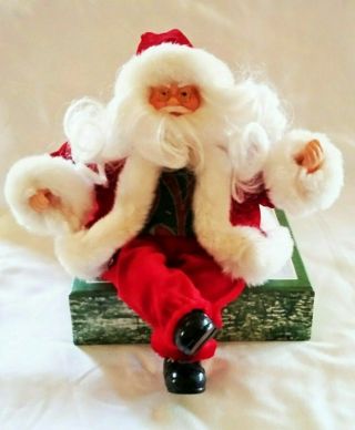 Vintage Santa Claus Figurine Doll Shelf Sitter Red Velvet /fur Angel Hair Beard