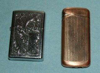 Vintage Zippo Xv Etched Lighter And " Unbranded " Copper Piezo Lighter