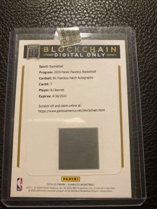 2019 - 20 Panini Flawless Blockchain Flawless Patch Auto Rj Barrett /10