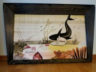 Large Vintage Mcm Carlo Of Hollywood Watercolor Painting Whale Fish Shipwreck
