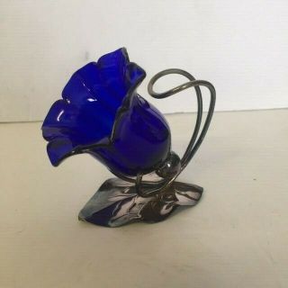 Antique Cobalt Blue Glass Flower Head English Salt Pot / Cellar / Dip.  Epns