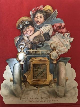 Large Antique Raphael Tuck Valentine Card Convertible Car Wild Ride -