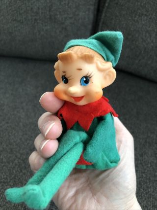 Vintage Christmas Elf Doll Knee Hugger Japan Green On A Shelf Sitter