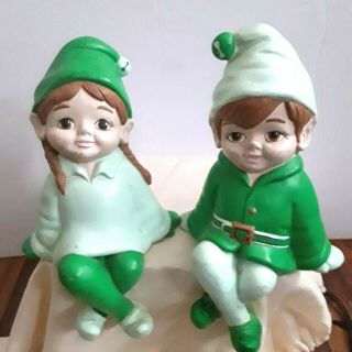 Set Vintage Green Dressed Ceramic Christmas Santa 