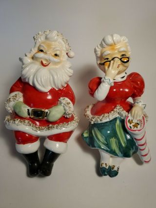 Vintage Lefton Christmas Spaghetti Santa And Mrs.  Lg.  Shelf Sitters Japan