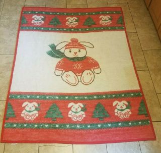 Biederlack Christmas Rabbit Blanket Red Green White Reversible Vintage Usa Made