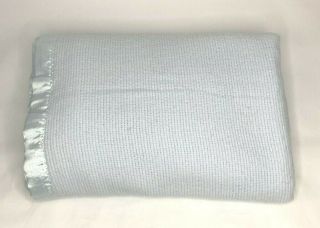 Vintage Acrylic Waffle Weave Blanket Satin Trim Baby Blue 90 X 90 Soft Usa